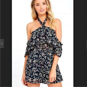 J.O.A. Los Angeles ~Size M~ Navy Floral Gathering Gardenias Cold Shoulder Romper